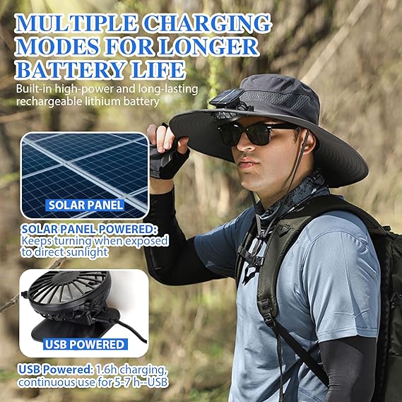 🔥LAST DAY 49% OFF - Wide Brim Solar Fan Outdoor Fishing Hat-Solar & USB Charging